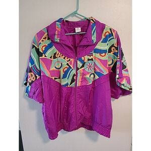 80s Vintage Simply Fashion Wom XL Windbreaker Jacket MultiColor w/Shoulder Pads